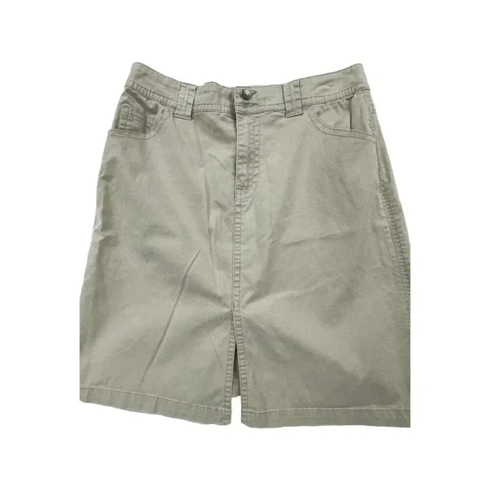 st johns bay khaki skirt with slit size 12 ***small mark on skirt see photo**